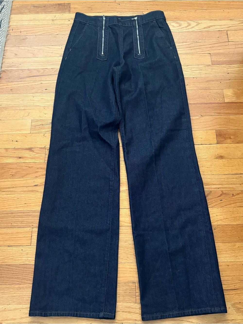 Express High Waisted Wide Leg Jeans Dark Wash Dual Zip Front Size 6 Long